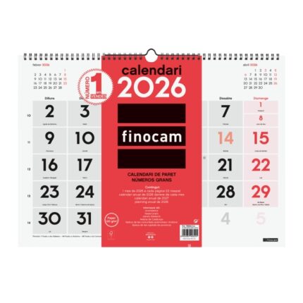 Finocam Calendario de Pared en Catalan - Anual 2026 - 430x5x320mm - Numeros Grandes - Color Blanco y Rojo