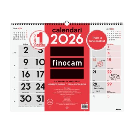 Finocam Calendario de Pared en Catalan - Anual 2026 - Espacio para Escribir - Formato XL - 540x5x430mm - Numeros Grandes - Color Blanco y Rojo