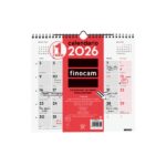 Finocam Calendario de Pared - Anual 2026 - Formato M - 265x5x255mm - Espacio para Escribir - Color Blanco y Rojo