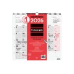 Finocam Calendario de Pared - Anual 2026 - 340x5x330mm - Espacio para Escribir - Color Blanco y Rojo