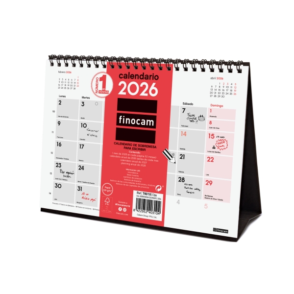 Finocam Calendario de Sobremesa - Anual 2026 - 210x70x155mm - Espacio para Escribir - Color Blanco y Rojo Finocam Calendario de Sobremesa - Anual 2026 - 210x70x155mm - Espacio para Escribir - Color Blanco y Rojo