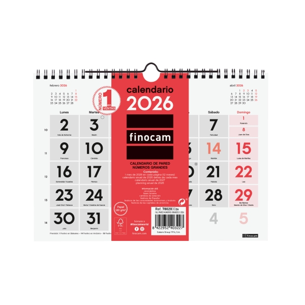 Finocam Calendario de Pared - Anual 2026 - 210x5x155mm - Numeros Grandes - Color Blanco y Rojo