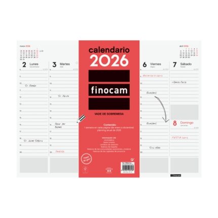 Finocam Vade Protector de Escritorio - Anual 2026 - Encolado - 420x7x310mm - Semana Vista en Vertical - Color Blanco y Rojo
