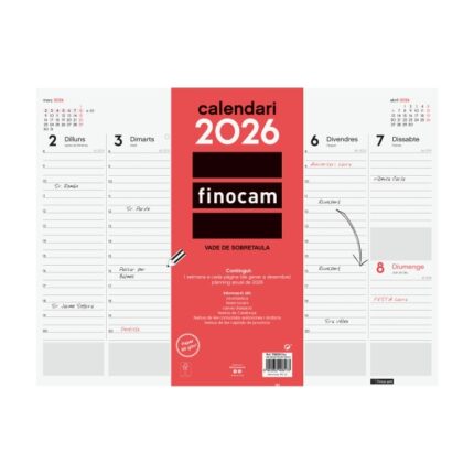 Finocam Vade Protector de Escritorio en Catalan - Anual 2026 - Encolado - 420x7x310mm - Semana Vista en Vertical - Color Blanco y Rojo