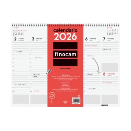 Finocam Vade Calendario de Sobremesa - Anual 2026 - con Espiral - 420x8x320mm - Semana Vista en Vertical - Color Blanco y Rojo