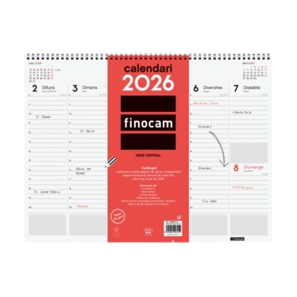 Finocam Vade Calendario de Sobremesa en Catalan - Anual 2026 - con Espiral - 420x8x320mm - Semana Vista en Vertical - Color Blanco y Rojo
