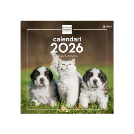 Finocam Calendario de Pared en Catalan - Anual 2026 - Imagenes Variadas - 300x300mm - Espacio para Escribir - Tematica de Perros y Gatos