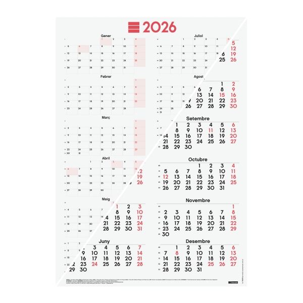 Finocam Poster Calendario Tipo Poster en Catalan - Anual 2026 - Espacio para Escribir - 485x680mm - Numeros Grandes - Color Blanco y Rojo