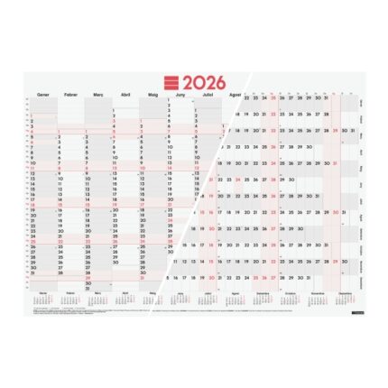 Finocam Planificador de Tipo Poster en Catalan - Anual 2026 - Espacio para Escribir - 680x485mm - Numeros Grandes - Color Blanco y Rojo