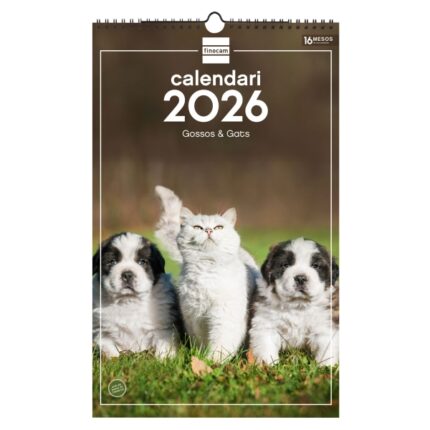 Finocam Calendario de Pared en Catalan - Anual 2026 - Imagenes Variadas - con Espiral - Espacio para Escribir - Tematica de Perros y Gatos