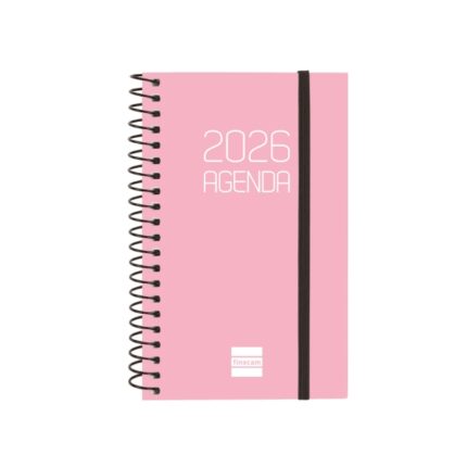 Finocam Opaque Agenda de Espiral en Catalan - Anual 2026 - Tapa Ligera - Cierre con Goma Elastica - Formato E3 - 85x14x127mm - Semana Vista Horizontal - Color Rosa