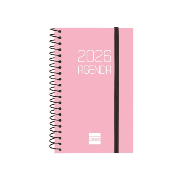 Finocam Opaque Agenda de Espiral en Catalan - Anual 2026 - Tapa Ligera - Cierre con Goma Elastica - Formato E3 - 85x14x127mm - Semana Vista Horizontal - Color Rosa