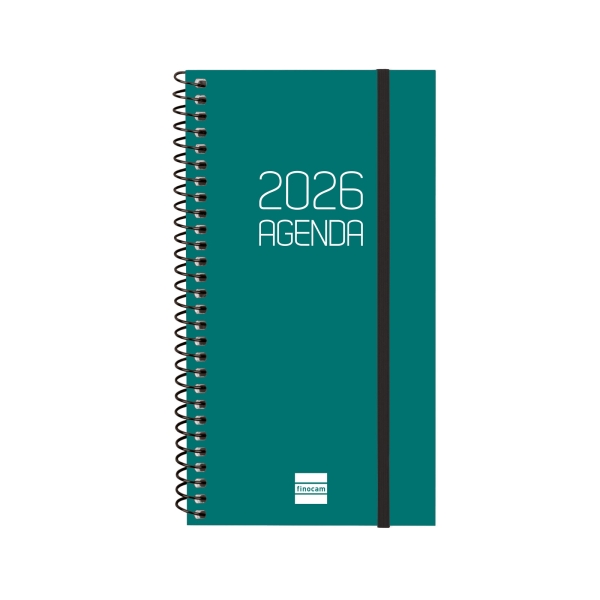 Finocam Opaque Agenda de Espiral en Catalan - Anual 2026 - Tapa Ligera - Cierre con Goma Elastica - Formato E9 - 100x14x171mm - Semana Vista Horizontal - Color Verde Finocam Opaque Agenda de Espiral en Catalan - Anual 2026 - Tapa Ligera - Cierre con Goma Elastica - Formato E9 - 100x14x171mm - Semana Vista Horizontal - Color Verde