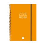Finocam Opaque Agenda de Espiral - Anual 2026 - Tapa Ligera - Cierre con Goma Elastica - Formato E10 - 162x14x212mm - Semana Vista Horizontal - Color Naranja