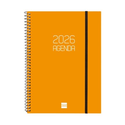 Finocam Opaque Agenda de Espiral - Anual 2026 - Tapa Ligera - Cierre con Goma Elastica - Formato E10 - 162x14x212mm - Semana Vista Horizontal - Color Naranja
