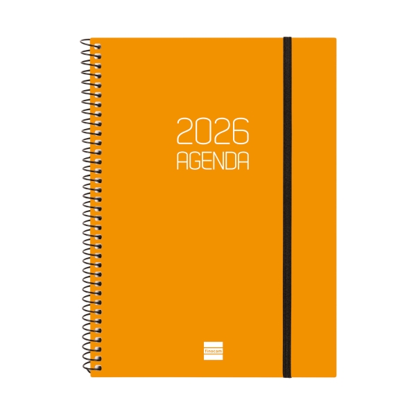 Finocam Opaque Agenda de Espiral - Anual 2026 - Tapa Ligera - Cierre con Goma Elastica - Formato E10 - 162x14x212mm - Semana Vista Horizontal - Color Naranja