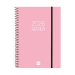 Finocam Opaque Agenda de Espiral - Anual 2026 - Tapa Ligera - Cierre con Goma Elastica - Formato E10 - 162x14x212mm - Semana Vista Horizontal - Color Rosa