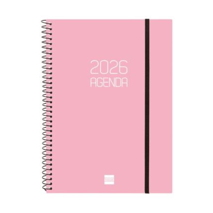 Finocam Opaque Agenda de Espiral en Catalan - Anual 2026 - Tapa Ligera - Cierre con Goma Elastica - Formato E10 - 217x14x297mm - Semana Vista Horizontal - Color Rosa