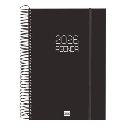 Finocam Opaque Agenda de Espiral en Catalan - Anual 2026 - Tapa Ligera - Cierre con Goma Elastica - Formato E11 - 175x29x242mm - 1 Dia por Pagina - Color Negro