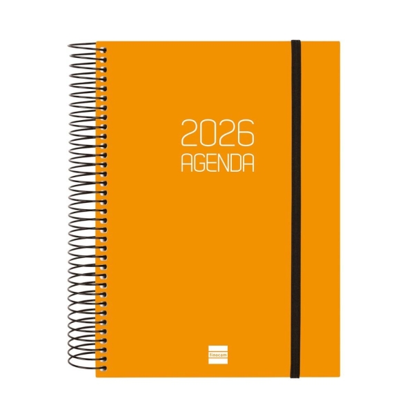 Finocam Opaque Agenda de Espiral - Anual 2026 - Tapa Ligera - Cierre con Goma Elastica - Formato E10 - 175x29x212mm - 1 Dia por Pagina - Color Naranja