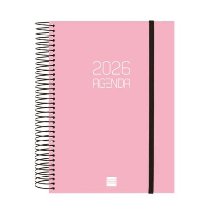 Finocam Opaque Agenda de Espiral - Anual 2026 - Tapa Ligera - Cierre con Goma Elastica - Formato E10 - 175x29x212mm - 1 Dia por Pagina - Color Rosa