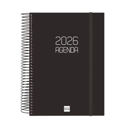 Finocam Opaque Agenda de Espiral - Anual 2026 - Tapa Ligera - Cierre con Goma Elastica - Formato E10 - 175x29x212mm - 1 Dia por Pagina - Color Negro