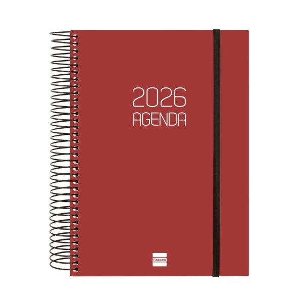 Finocam Opaque Agenda de Espiral - Anual 2026 - Tapa Ligera - Cierre con Goma Elastica - Formato E10 - 175x29x212mm - 1 Dia por Pagina - Color Burdeos