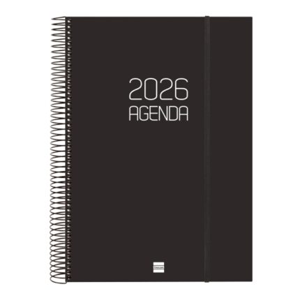 Finocam Opaque Agenda de Espiral - Anual 2026 - Tapa Ligera - Cierre con Goma Elastica - Formato E40 - 230x29x297mm - 1 Dia por Pagina - Color Negro
