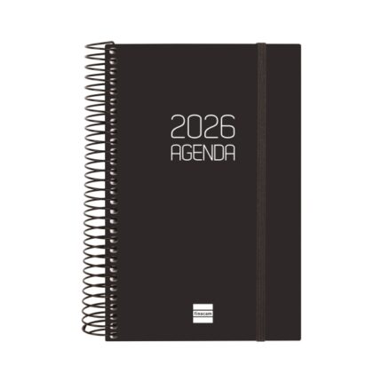 Finocam Opaque Agenda de Espiral en Catalan - Anual 2026 - Tapa Ligera - Cierre con Goma Elastica - Formato E5 - 135x24x181mm - 1 Dia por Pagina - Color Negro