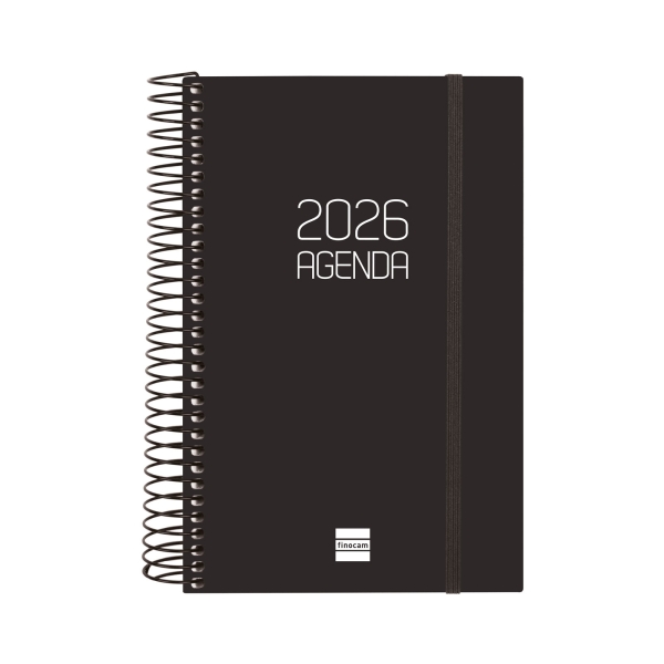 Finocam Opaque Agenda de Espiral en Catalan - Anual 2026 - Tapa Ligera - Cierre con Goma Elastica - Formato E5 - 135x24x181mm - 1 Dia por Pagina - Color Negro