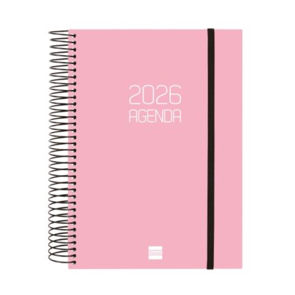 Finocam Opaque Agenda de Espiral en Catalan - Anual 2026 - Tapa Ligera - Cierre con Goma Elastica - Formato E10 - 175x29x212mm - 1 Dia por Pagina - Color Rosa
