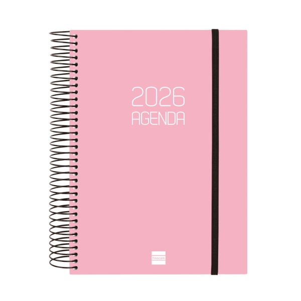 Finocam Opaque Agenda de Espiral en Catalan - Anual 2026 - Tapa Ligera - Cierre con Goma Elastica - Formato E10 - 175x29x212mm - 1 Dia por Pagina - Color Rosa