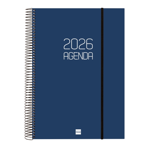 Finocam Opaque Agenda de Espiral en Catalan - Anual 2026 - Tapa Ligera - Cierre con Goma Elastica - Formato E40 - 230x29x297mm - 1 Dia por Pagina - Color Azul