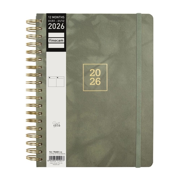 Finocam Optimal Agenda de Espiral Internacional - Anual 2026 - Planificador - Cierre de Goma - Formato B5 - 176x250mm - 1 Dia por Pagina - Color Verde Finocam Optimal Agenda de Espiral Internacional - Anual 2026 - Planificador - Cierre de Goma - Formato B5 - 176x250mm - 1 Dia por Pagina - Color Verde