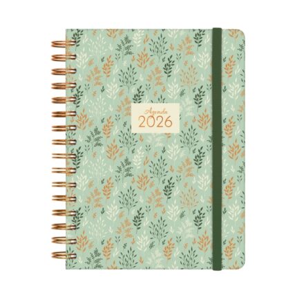 Finocam You Agenda de Espiral en Catalan - Anual 2026 - Planificador - Cierre de Goma - Formato E10 - 180x30x220mm - 1 Dia por Pagina - Tematica de Hojas