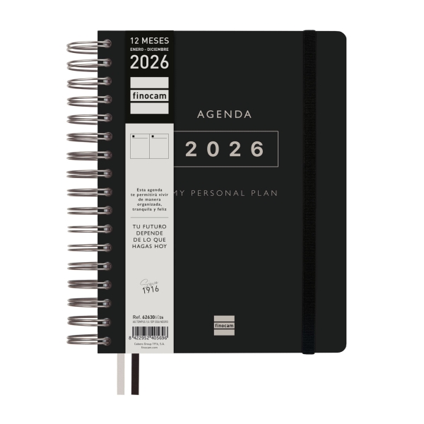 Finocam Tempus Agenda de Espiral - Anual 2026 - Tapa Extradura - Cierre de Goma - Formato 1/4 - 157x217mm - 1 Dia por Pagina - Color Negro