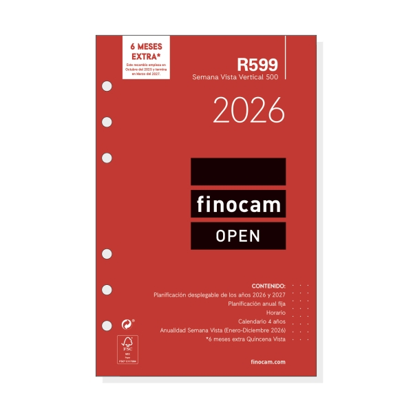 Finocam R599 Recambio Anual 2026 para Agendas Open 2026 - Formato 500 - 117x8x181mm - Semana Vista en Vertical - Color Blanco