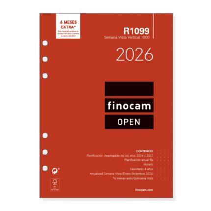 Finocam R1099 Recambio Anual 2026 para Agendas Open 2026 - Formato 1000 - 155x7x215mm - Semana Vista en Vertical - Color Blanco