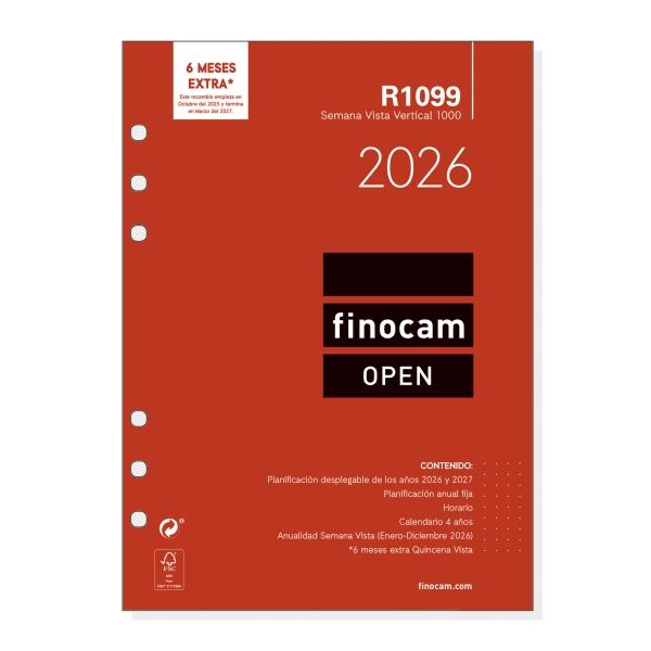 Finocam R1099 Recambio Anual 2026 para Agendas Open 2026 - Formato 1000 - 155x7x215mm - Semana Vista en Vertical - Color Blanco