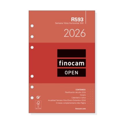 Finocam R593 Recambio Anual 2026 para Agendas Open 2026 - Formato 500 - 117x6x181mm - Semana Vista Horizontal - Color Blanco