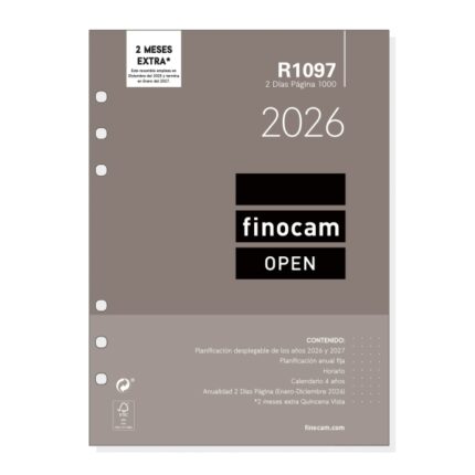 Finocam R1097 Recambio Anual 2026 para Agendas Open 2026 - Formato 1000 - 155x11x215mm - 2 Dias por Pagina - Color Blanco