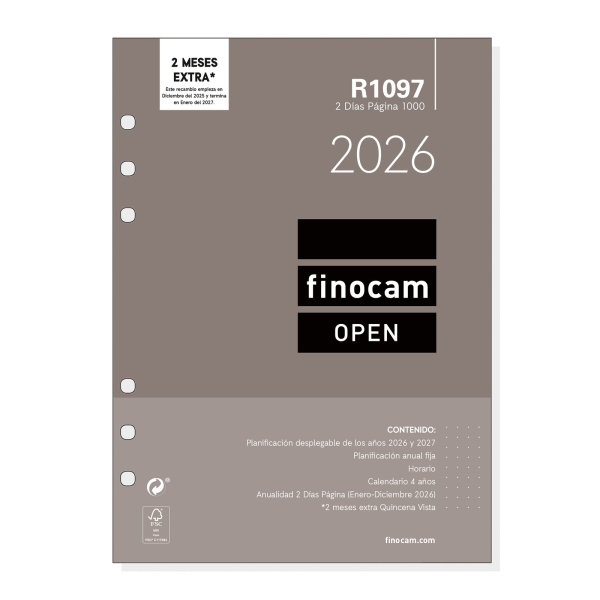 Finocam R1097 Recambio Anual 2026 para Agendas Open 2026 - Formato 1000 - 155x11x215mm - 2 Dias por Pagina - Color Blanco