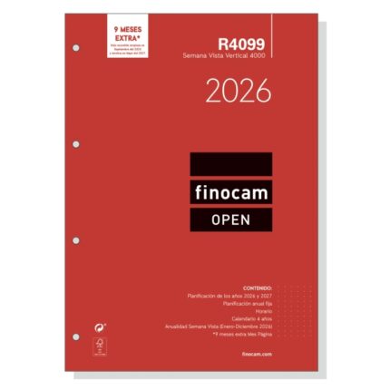 Finocam R4099 Recambio Anual 2026 para Agendas Open 2026 - Formato A4 - 210x6x297mm - Semana Vista en Vertical - Color Blanco