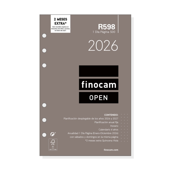 Finocam R598 Recambio Anual 2026 para Agendas Open 2026 - Formato 500 - 117x16x181mm - 1 Dia por Pagina - Color Blanco Finocam R598 Recambio Anual 2026 para Agendas Open 2026 - Formato 500 - 117x16x181mm - 1 Dia por Pagina - Color Blanco