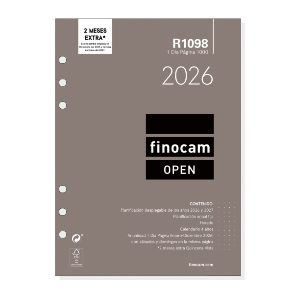 Finocam R1098 Recambio Anual 2026 para Agendas Open 2026 - Formato 1000 - 155x15x215mm - 1 Dia por Pagina - Color Blanco Finocam R1098 Recambio Anual 2026 para Agendas Open 2026 - Formato 1000 - 155x15x215mm - 1 Dia por Pagina - Color Blanco