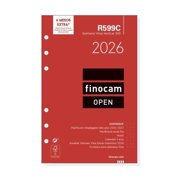 Finocam R599C Recambio Anual 2026 para Agendas Open 2026 en Catalan - Formato 500 - 117x8x181mm - Semana Vista en Vertical - Color Blanco