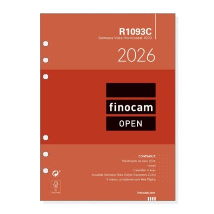 Finocam R1093C Recambio para Agendas Open en Catalan - Anual 2026 - Formato 1000 - 155x6x215mm - Semana Vista Horizontal - Color Blanco