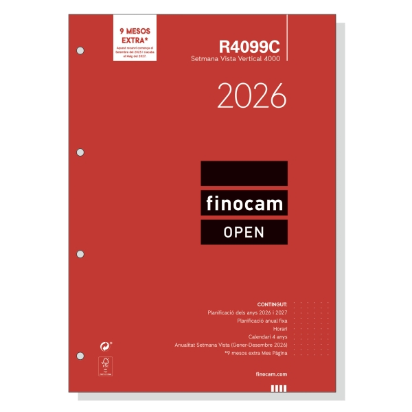 Finocam R4099C Recambio Anual 2026 para Agendas Open 2026 en Catalan - Formato A4 - 210x6x297mm - Semana Vista en Vertical - Color Blanco