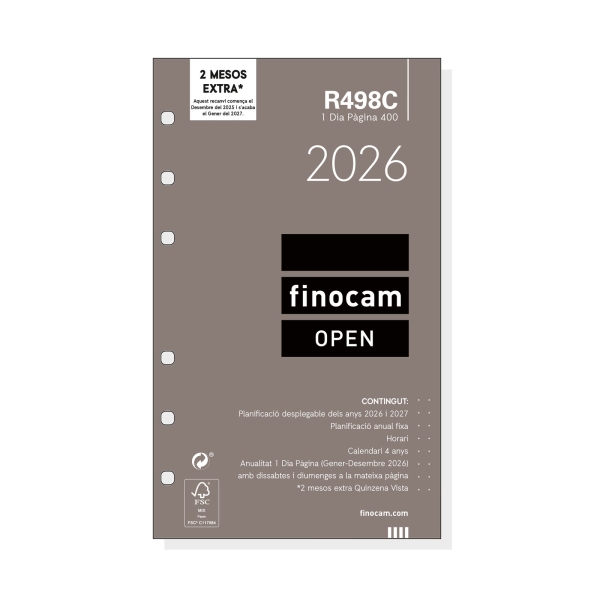 Finocam R498C Recambio Anual 2026 para Agendas Open 2026 en Catalan - Formato 400 - 91x16x152mm - 1 Dia por Pagina - Color Blanco Finocam R498C Recambio Anual 2026 para Agendas Open 2026 en Catalan - Formato 400 - 91x16x152mm - 1 Dia por Pagina - Color Blanco