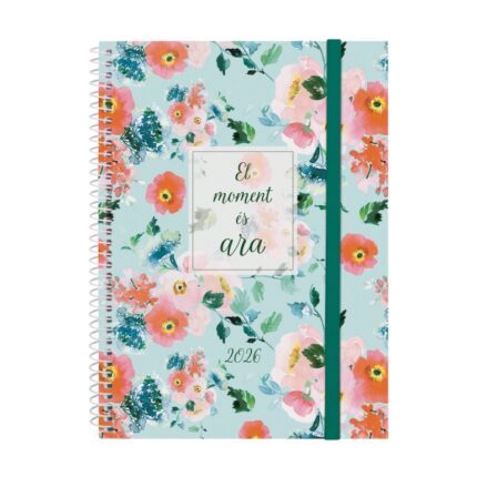 Finocam Design Collection Agenda de Espiral en Catalan - Anual 2026 - Tapa Ligera - Formato E10 - 162x14x212mm - Semana Vista Horizontal - Tematica de Flores